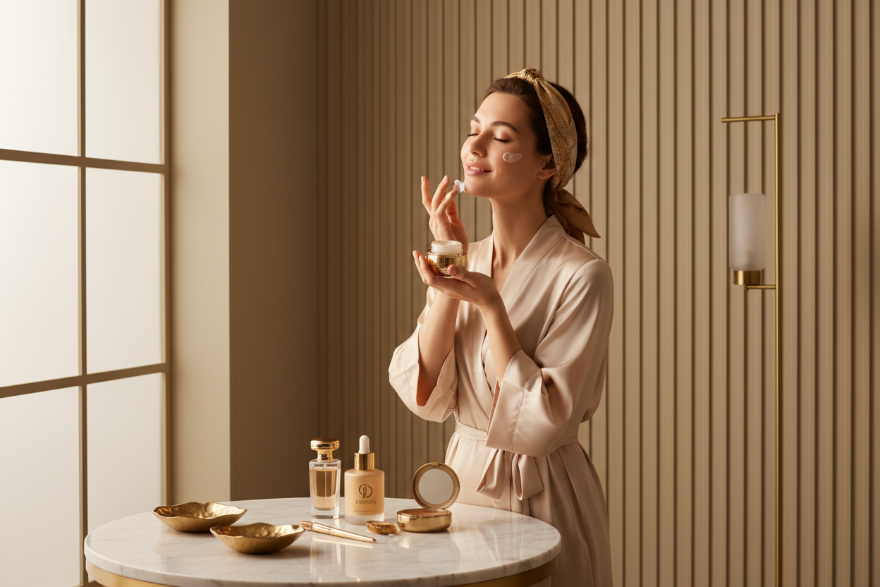 Mujer aplicando productos de cuidado facial de lujo